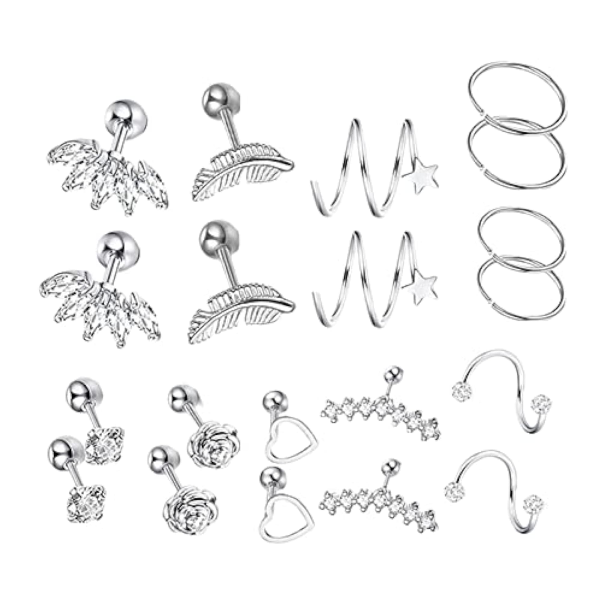 20x Stainless Steel Earrings Set, Heart Flower Feather